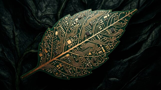 Green circuit-board leaf with gold traces on dark crumpled fabric