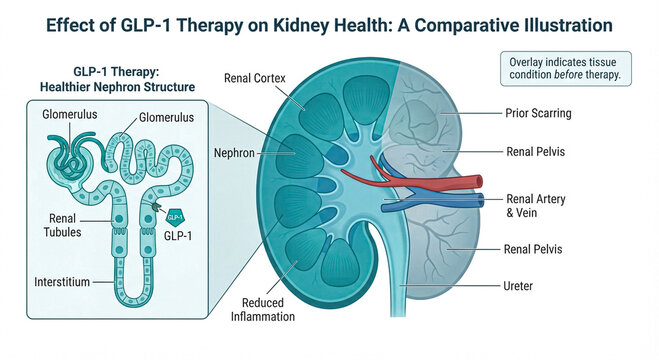 GLP-1 Kidney Protection Nephron Cross-Section Illustration