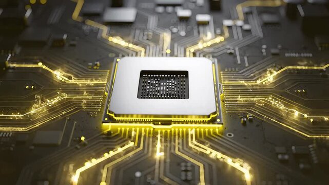 Advanced semiconductor processor animation with glowing golden circuits, high speed data computing, intelligent microchip technology and futuristic digital infrastructure network concept