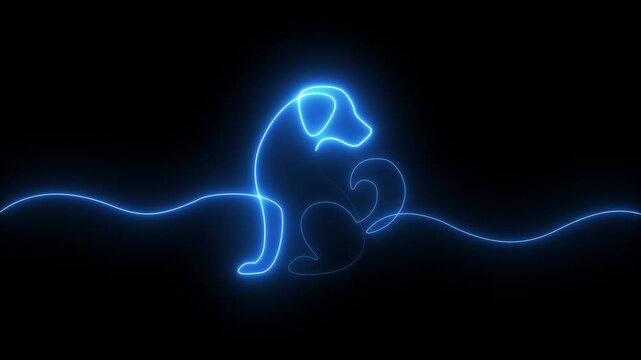 glowing neon continuous one line dog or puppy icon isolated on black background. pet icon with cute animal shape in simple outline style. 4k video animation.
