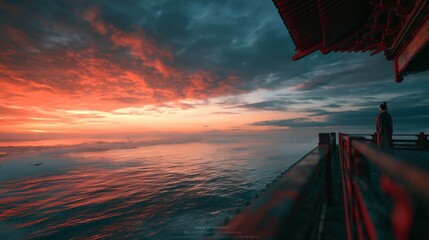 Obraz premium Dramatic Sunset Over Calm Ocean Reflecting Vibrant Colors with Silhouette of Person on Balcony