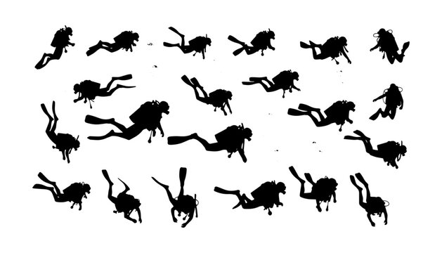 Set of black scuba diver silhouettes in various swimming and diving poses isolated on white background