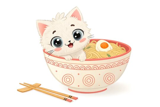 Cute cartoon cat eating slice of cake in bowl
