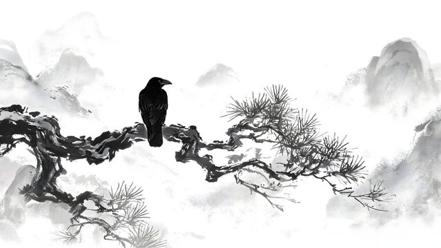 Black crow dark pine branch misty mountain background traditional chinese ink wash.