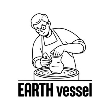 Potter crafting a clay vase on a spinning wheel line art illustration with Earth Vessel text for studio logo
