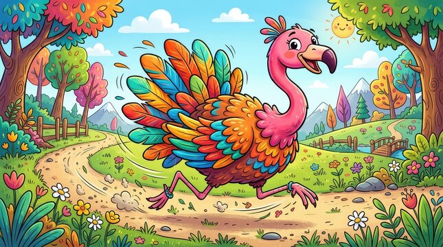Colorful cartoon flamingo turkey running in a field