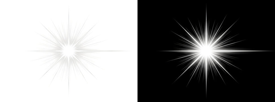 Bright white sparkle star burst with multiple light rays perfect for radiant shine overlays in PNG, Transparent and Black Background Versions