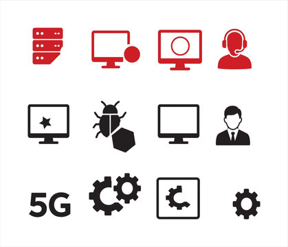 Red and black web development icon set showcasing system maintenance tools and user interface parts.