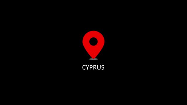 Cyprus map location pin animation, red geographic marker on black background, for travel and, navigation projects