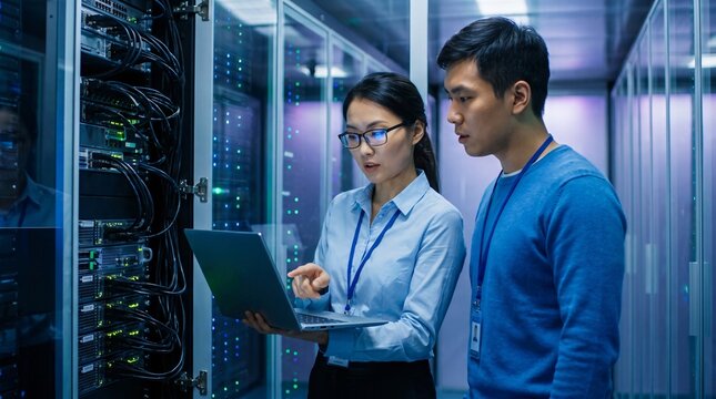 Two system administrators working on a laptop computer to inspect server racks in data center.