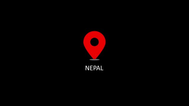 Nepal location pin animation on black background, travel destination map marker