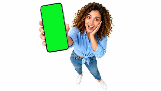 Excited curly haired woman holding a large mobile phone with a green screen on white background.