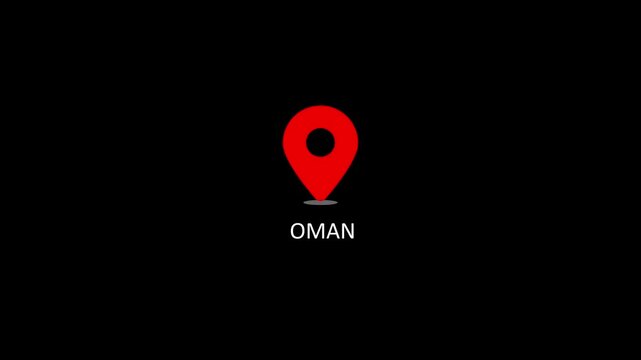 Oman location pin animation on black background, travel destination map marker