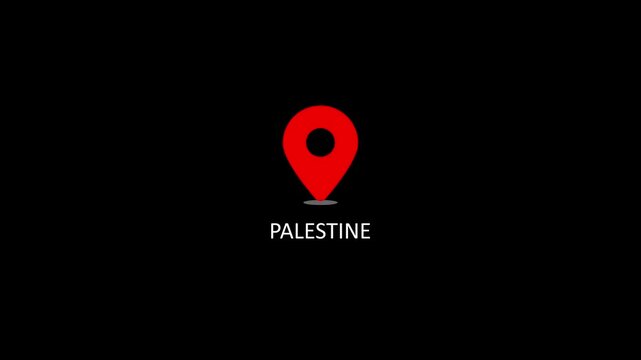 Palestine location pin animation on black background, map marker concept for travel and geography