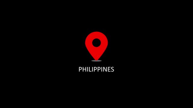 Philippines map location pin animation on black background, travel destination concept navigation