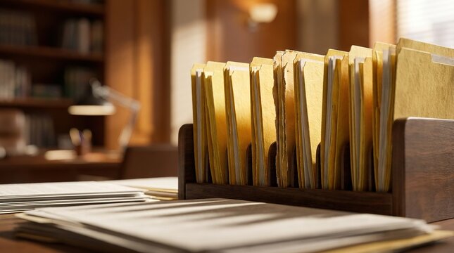 Office desk organization featuring tan manila file folders in wooden rack with paperwork documents stacked nearby for professional corporate records management tasks.