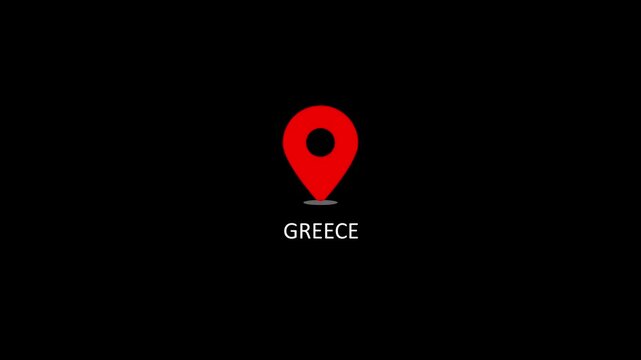 Greece location pin animation on black background, travel destination map marker