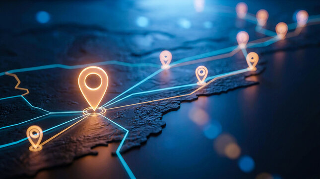 Golden geolocation pins placed on digital terrain map with intersecting light beams for logistics connectivity and navigation system visualization project materials.