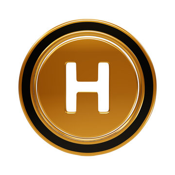 Golden letter h inside a circular metallic frame on a black background