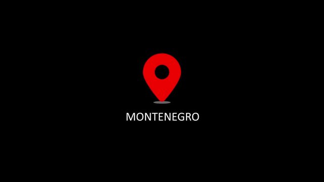 Montenegro location pin animation on black background, travel destination marker