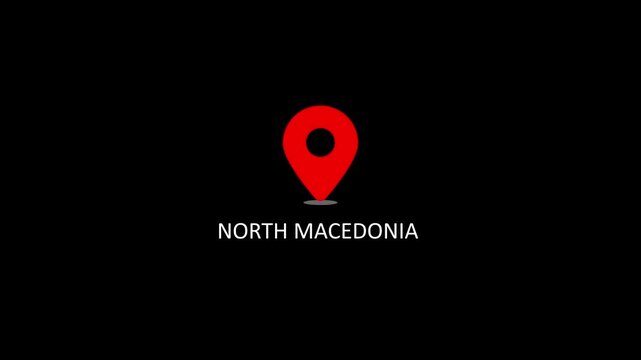 North macedonia map location pin animation on black background, navigation