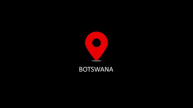 Botswana location pin animation on black background, travel and tourism, map marker
