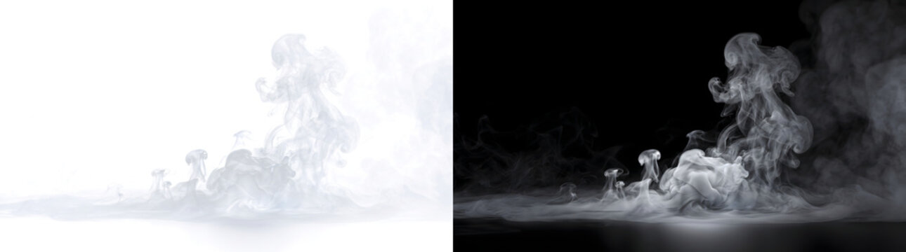 Dense rolling ground mist with rising smoke over dark reflective surface for dramatic scene design in PNG, Transparent and Black Background Versions