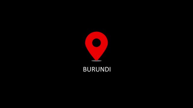 Burundi map location pin animation on black background, travel and navigation concept