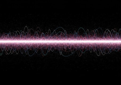 Dynamic visualization of harmonic energy waves intersecting and amplifying in an abstract space, representing quantum frequency resonance ,harmonic ,synchronization ,particle