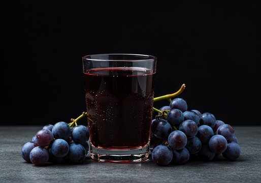 Freshly pressed dark purple grape juice poured into a simple glass next to clusters of ripe grapes, emphasizing natural sweetness and vineyard harvest ,cluster ,agriculture ,cold