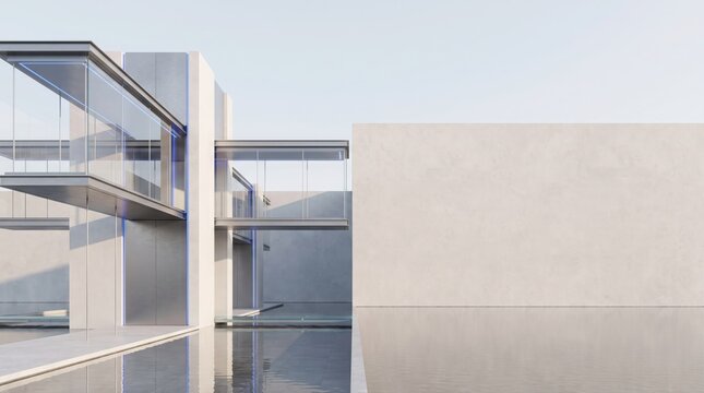 Modern minimalist architecture with glass bridge connecting concrete buildings over a reflective water surface in a serene outdoor setting