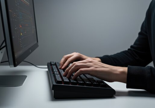 Highly concentrated subject typing rapidly on a large mechanical keyboard with intense focus on the illuminated monitor screen against pure white ,screen ,data ,studying