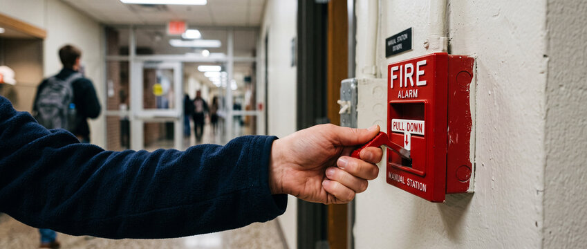 Close-up of a hand pulling a red manual fire alarm station in a school or office hallway during an emergency evacuation drill