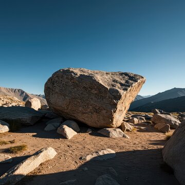Huge granite boulder firmly anchored in the rocky soil of a mountain landscape, symbolizing stability, resilience, and connection to the earth ,geology ,outdoor ,strong