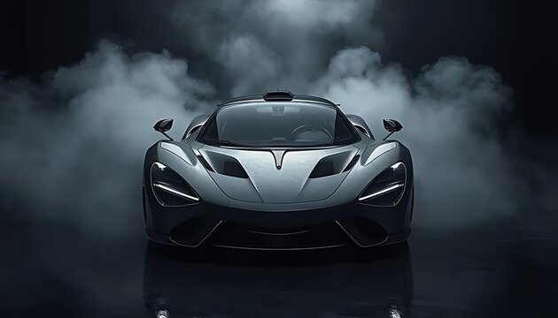 Sleek silver supercar amidst thick smoky haze for luxury car marketing.