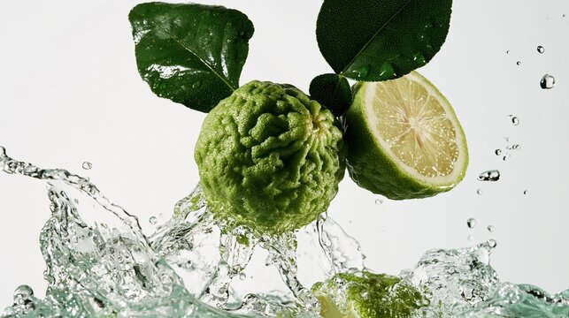 Fresh Kaffir Lime Fruit Splashing in Water with Green Leaves and Water Droplets