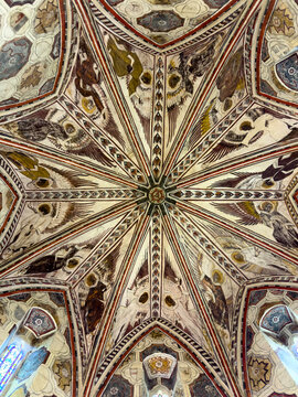 Star-shaped ribbed vault painted with the four Evangelist symbols in St. Peter collegiate church, Gers, La Romieu, France