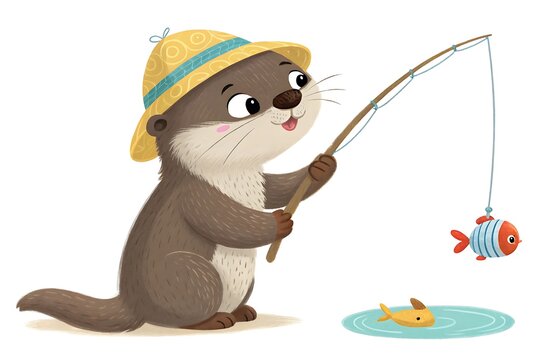 Cartoon squirrel fishing with colorful fish on hook