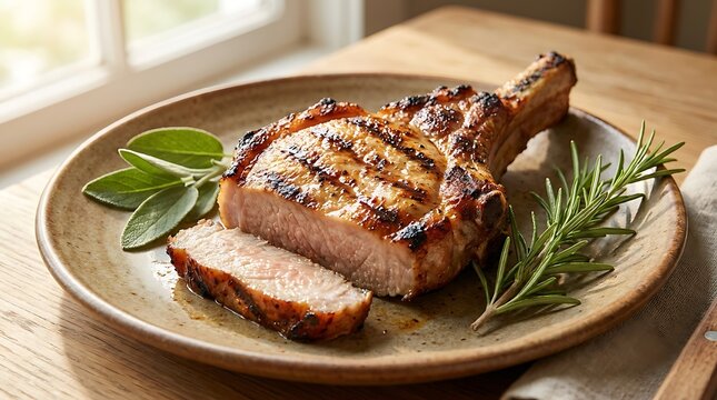 Grilled pork chop steak with fresh rosemary and sage herbs served on a rustic round wooden plate. chuleta de cerdo