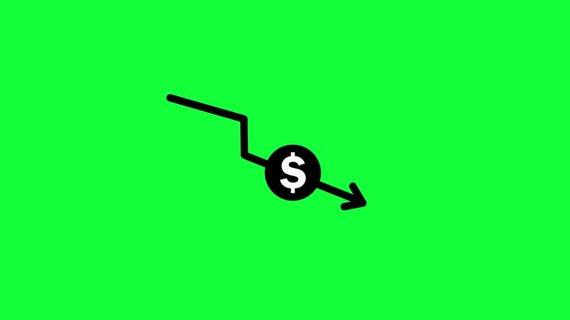 Downward arrow with dollar icon animation on green background. Financial decrease trend with dollar sign. Dollar symbol financial loss chart line for bankruptcy price drop and market loss animation