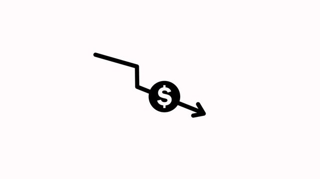 Downward arrow with dollar icon animation on white background. Financial decrease trend with dollar sign. Dollar symbol financial loss chart line for bankruptcy price drop and market loss animation