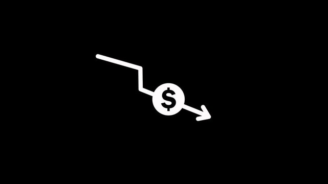 Downward arrow with dollar icon animation on black background. Financial decrease trend with dollar sign. Dollar symbol financial loss chart line for bankruptcy price drop and market loss animation