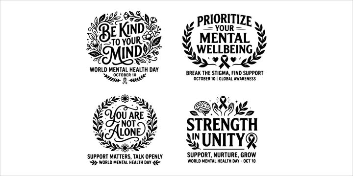 Four textured circular designs featuring inspirational quotes about kindness mental health love strength and unity in black ink
