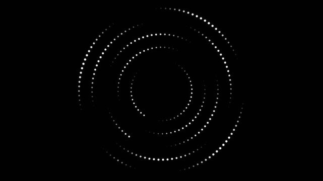 Abstract circular pattern formed by white dotted lines on black background