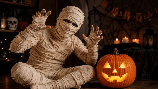 Mummy sitting next to carved pumpkin
