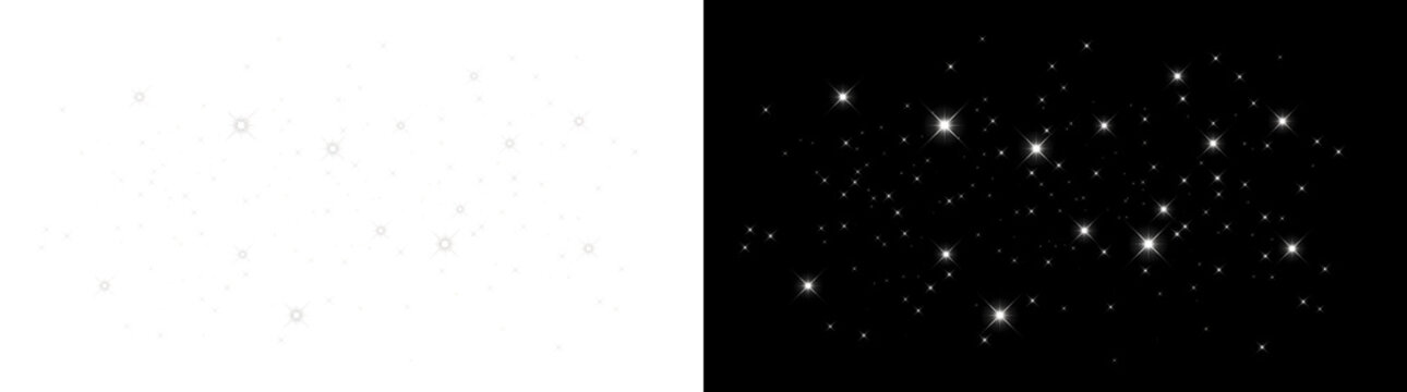 Scattered white sparkling stars cluster with varied sizes perfect for magical night sky overlays in PNG, Transparent and Black Background Versions