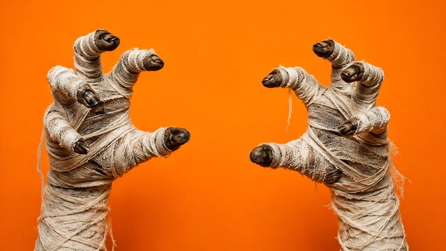 Mummy hands flexing against orange background