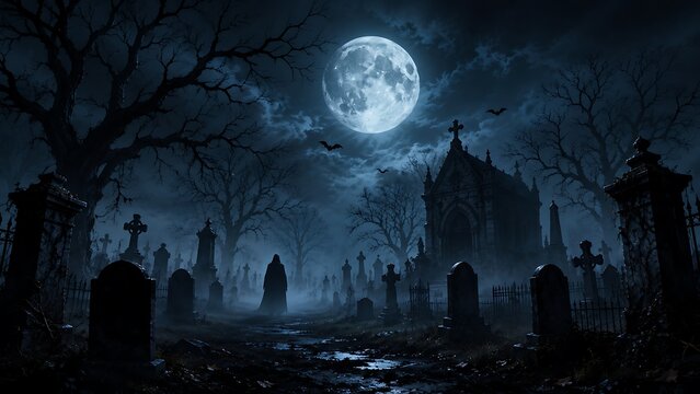Moonlit ghostly cemetery at night with full moon