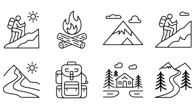 Set of linear hiking and camping icons featuring mountains, backpacks, and bonfire illustrations.