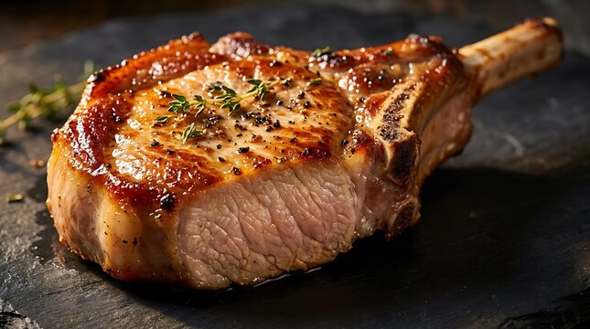 Juicy grilled pork chop with herbs and spices served on a dark rustic stone plate for a gourmet dinner. chuleta de cerdo